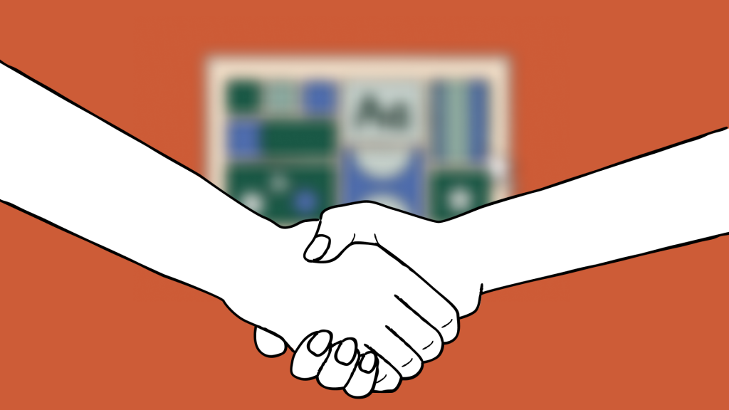 a handshake with a blurred mood board in the background