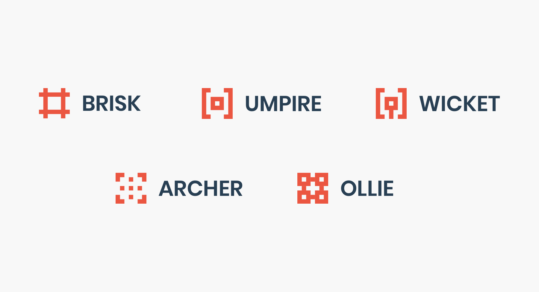 Symbols of BRISK, UMPIRE, WICKET, ARcher and OLLIE.